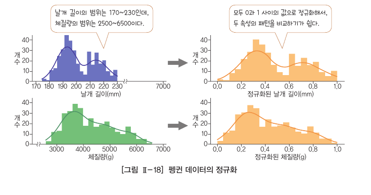 교과서의 날개 길이와 체질량 최소 최대 정규화 막대그래프